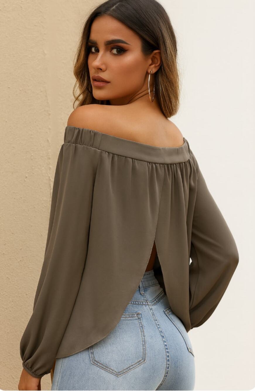 2/$30 L'Academie M Gray Mushroom Off Shoulder Blouse Open Back BEEHIVESALE230